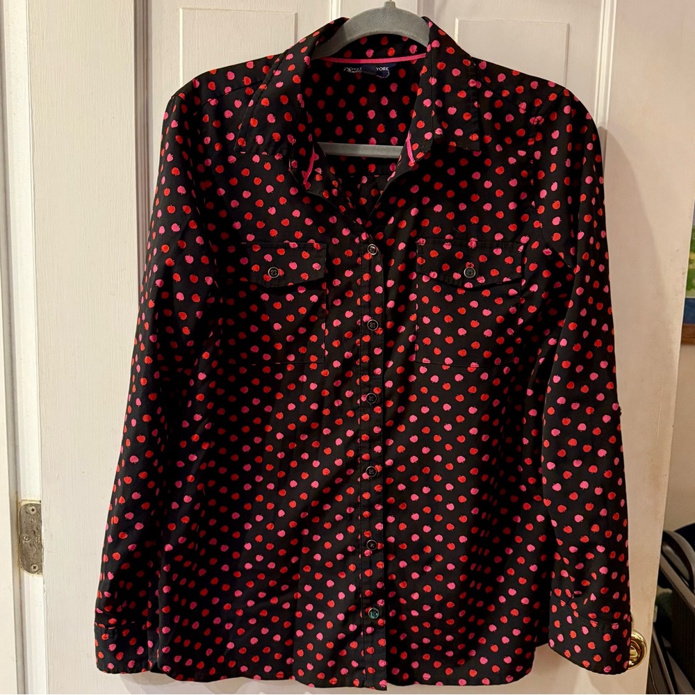 Jones New York Black/Red/Pink Apple Print Button-Down Shirt - Size M, EUC!